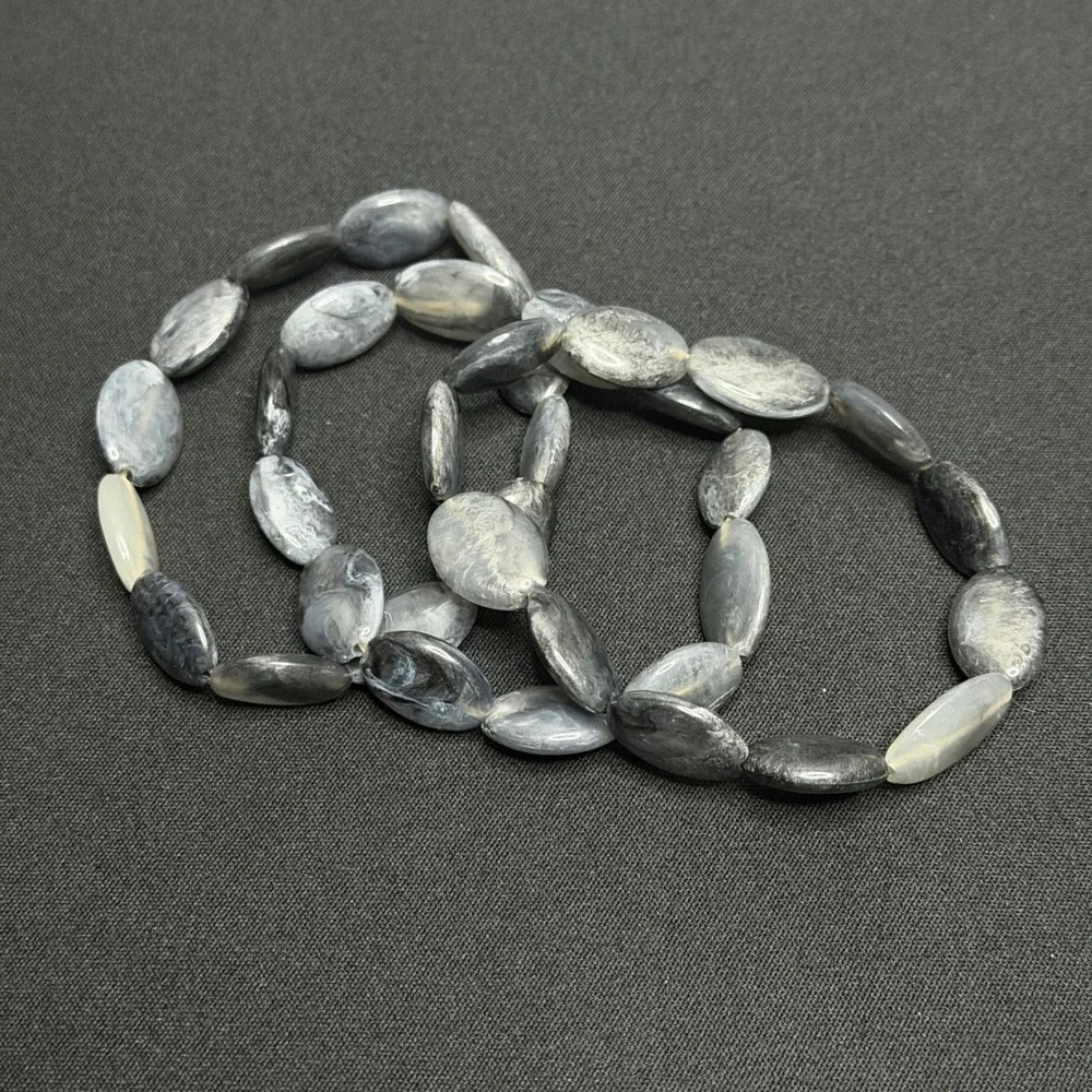 Stretch Bracelet Set Women 7in Grey Marbled‎ Resin Oval Bead 3pc